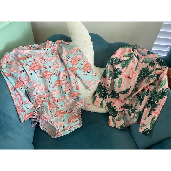 Ruffle Butts Lot Of 2 One Piece Swimsuits Infant Girls 18/24M Pink MultFlamingo - Picture 1 of 5